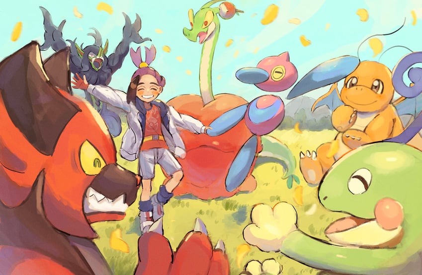 kieran, dragonite, incineroar, porygon-z, hydrapple, and 2 more (pokemon and 1 more) drawn by matsuda_(0yx38755230263c)