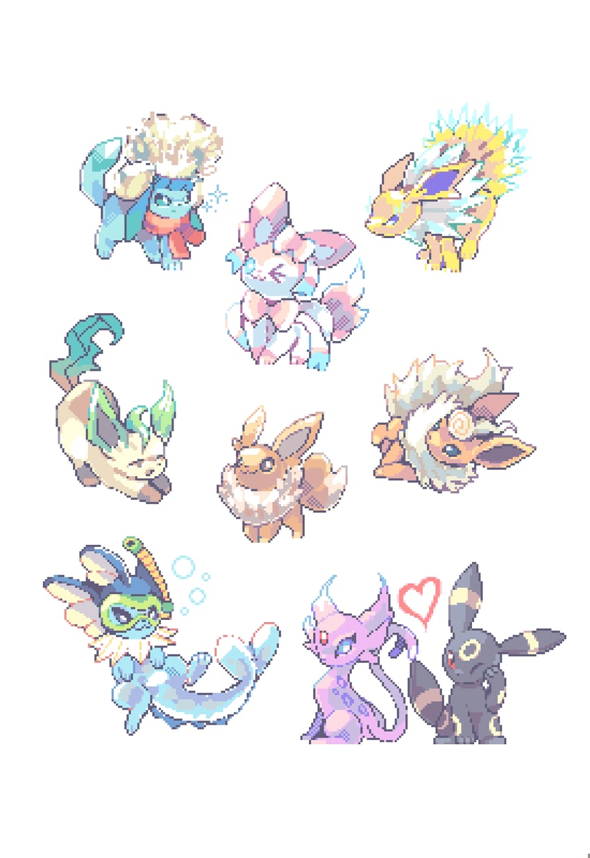 eevee, sylveon, umbreon, glaceon, vaporeon, and 4 more (pokemon) drawn by robin_(pixelated_robin)