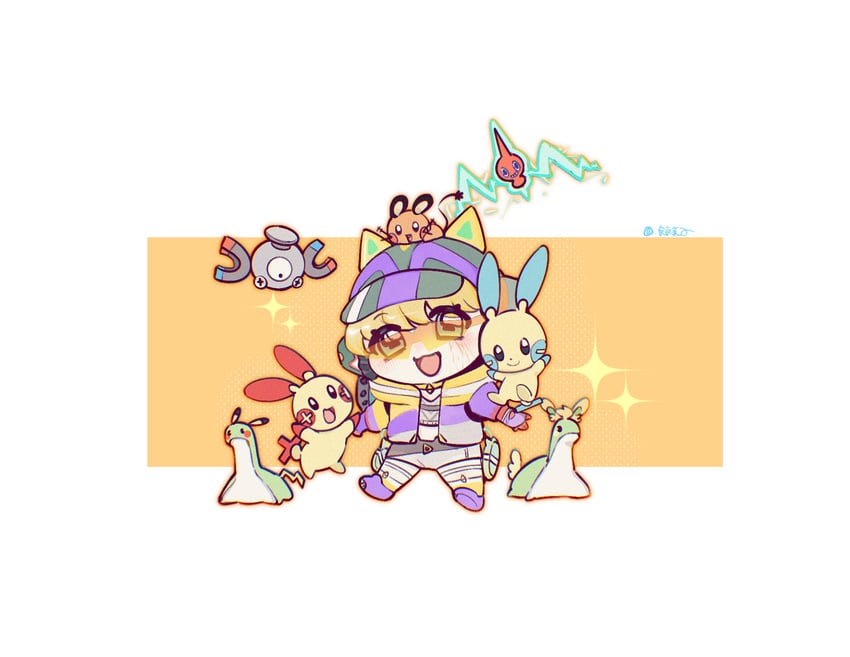 rotom, wattson, magnemite, raichu, minun, and 3 more (pokemon and 1 more) drawn by shengdiyu