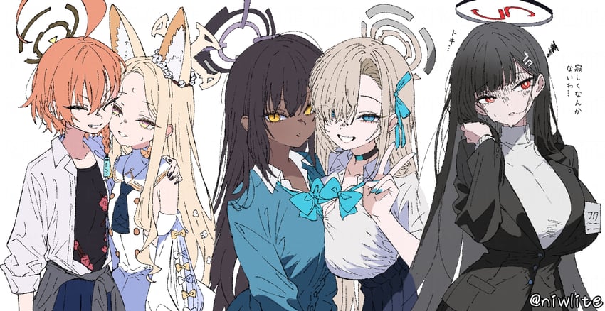 asuna, rio, karin, seia, and neru (blue archive) drawn by niwlite