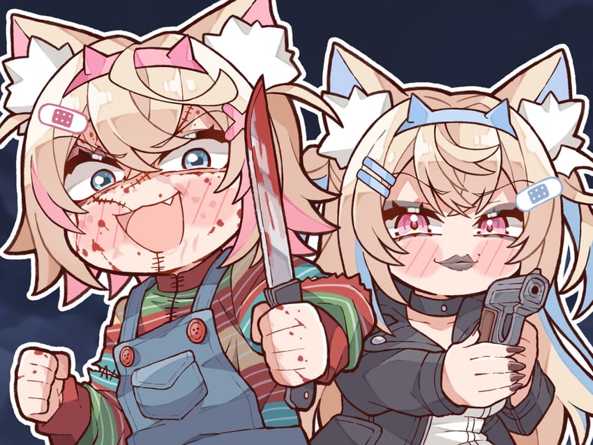 fuwawa abyssgard, mococo abyssgard, chucky, and tiffany (hololive and 3 more) drawn by kukie-nyan