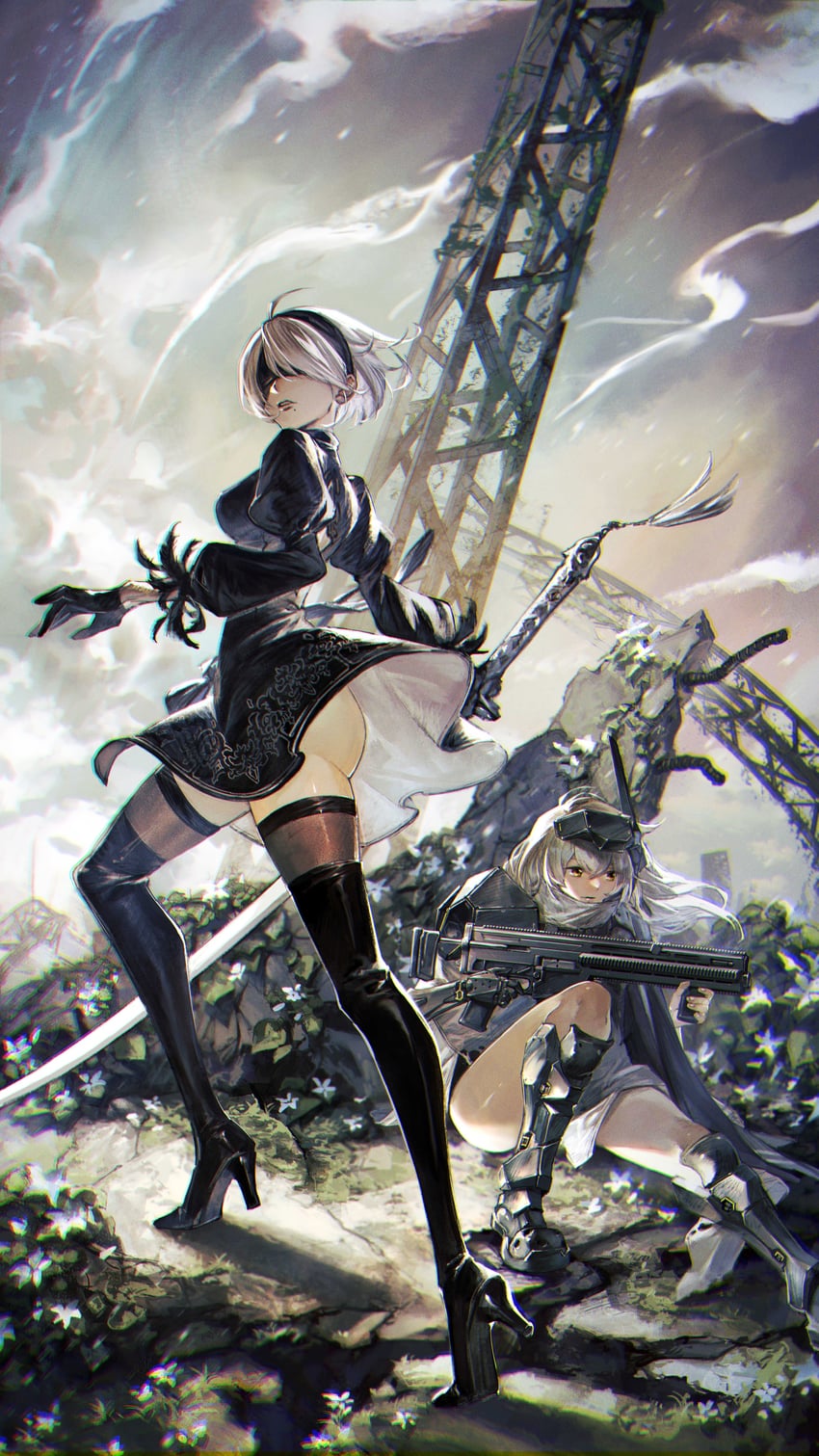 2b and snow white (goddess of victory: nikke and 2 more) drawn by momo_jiru