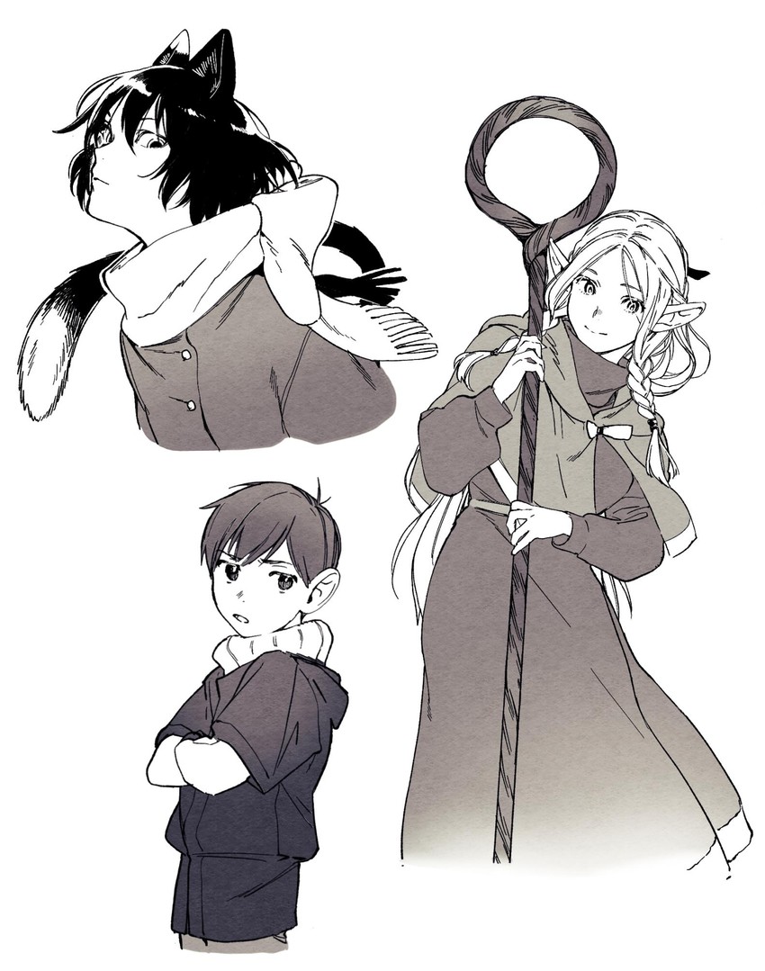 marcille donato, chilchuck tims, and izutsumi (dungeon meshi) drawn by 5plus5