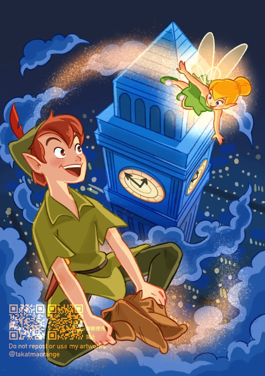 tinker bell and peter pan (walt disney's peter pan) drawn by takatmaorange