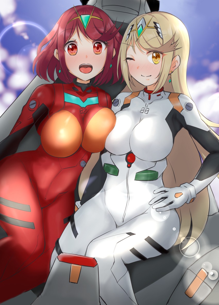 souryuu asuka langley, ayanami rei, pyra, and mythra (neon genesis evangelion and 2 more) drawn by ii_tea