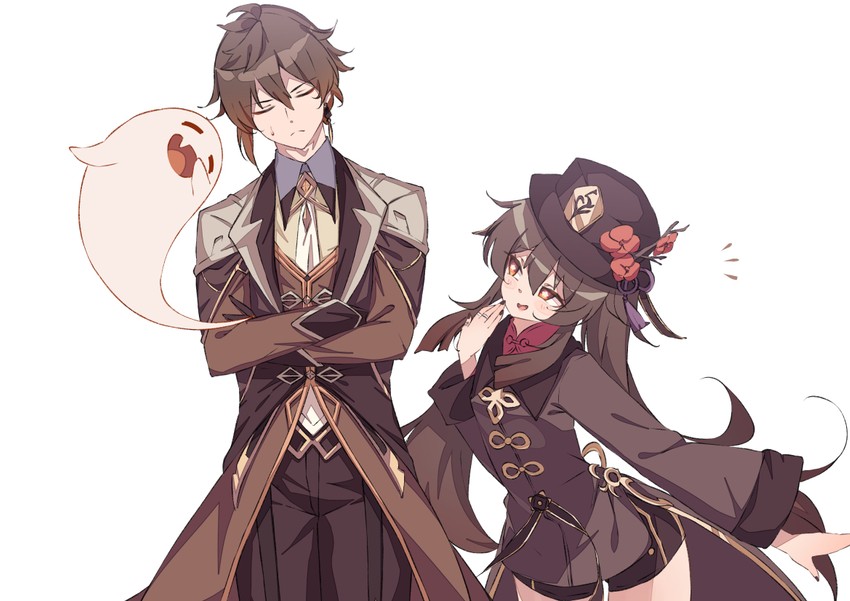hu tao, zhongli, and boo tao (genshin impact) drawn by kyou_(kyo_u)