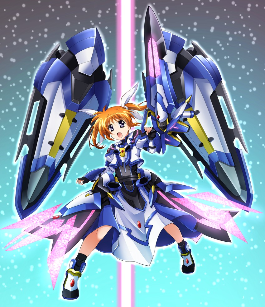 takamachi nanoha, raising heart, fortress, and raising heart streamer (lyrical nanoha and 1 more) drawn by yorousa_(yoroiusagi)