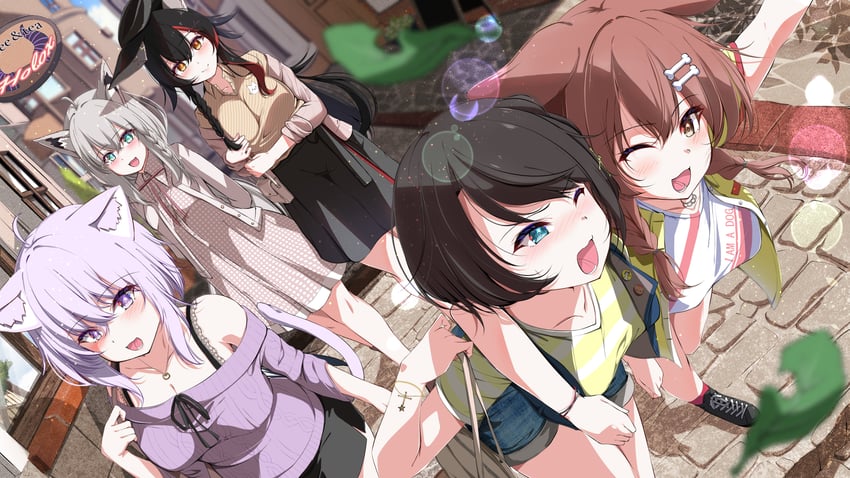 shirakami fubuki, nekomata okayu, ookami mio, oozora subaru, inugami korone, and 1 more (hololive) drawn by hiro_(phese)