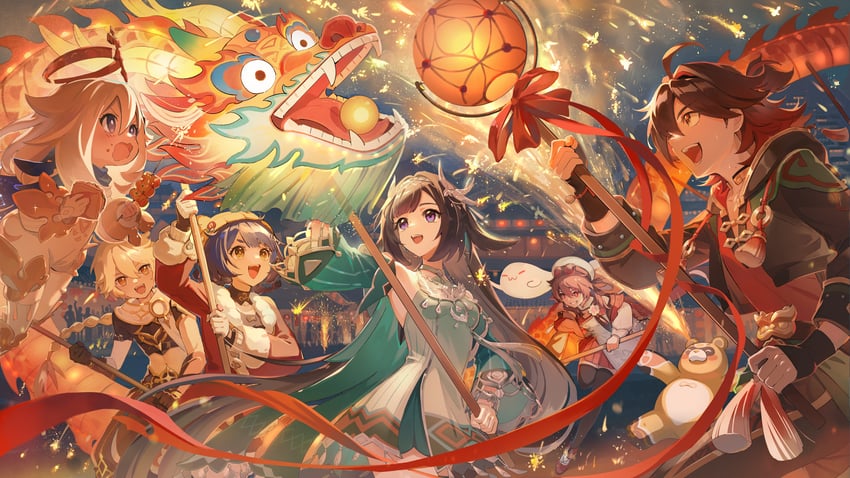 aether, paimon, xiangling, guoba, hu tao, and 2 more (genshin impact) drawn by tiny_(0v0)