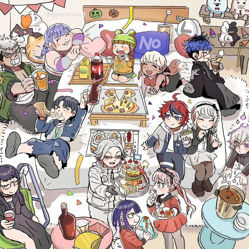 monokuma, aotsuki eito, sumino takumi, omokage yugamu, tsukumo kako, and 14 more (danganronpa and 1 more) drawn by nigeoji3