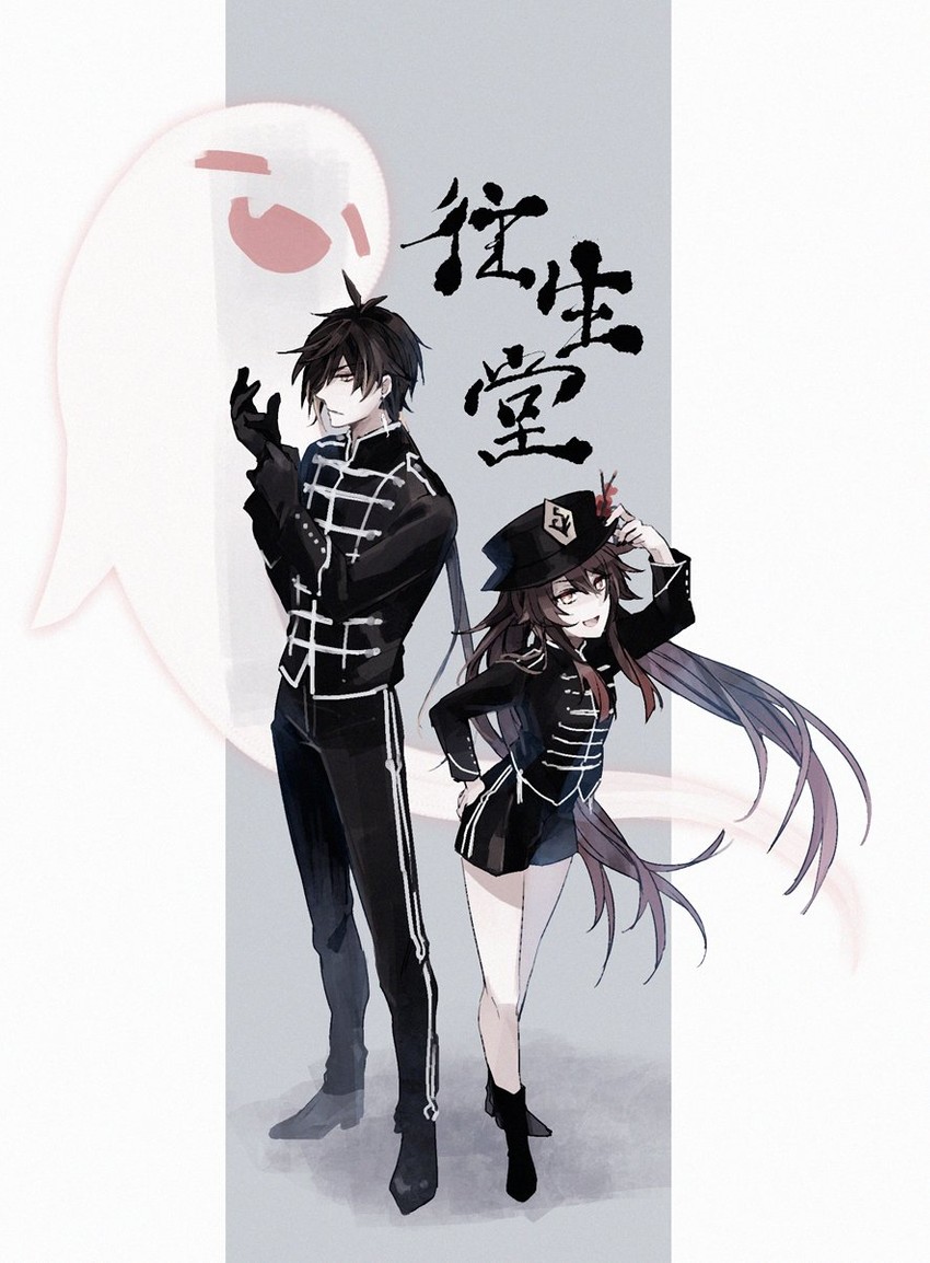 hu tao, zhongli, and boo tao (genshin impact and 2 more) drawn by sekirico