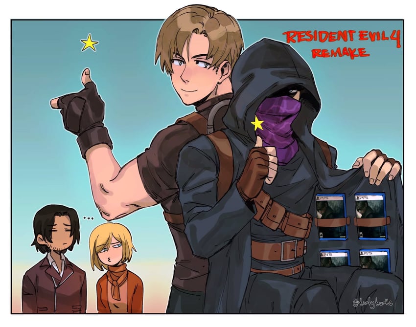 leon s. kennedy, ashley graham, luis sera, and merchant (resident evil and 1 more) drawn by tirtyturtle