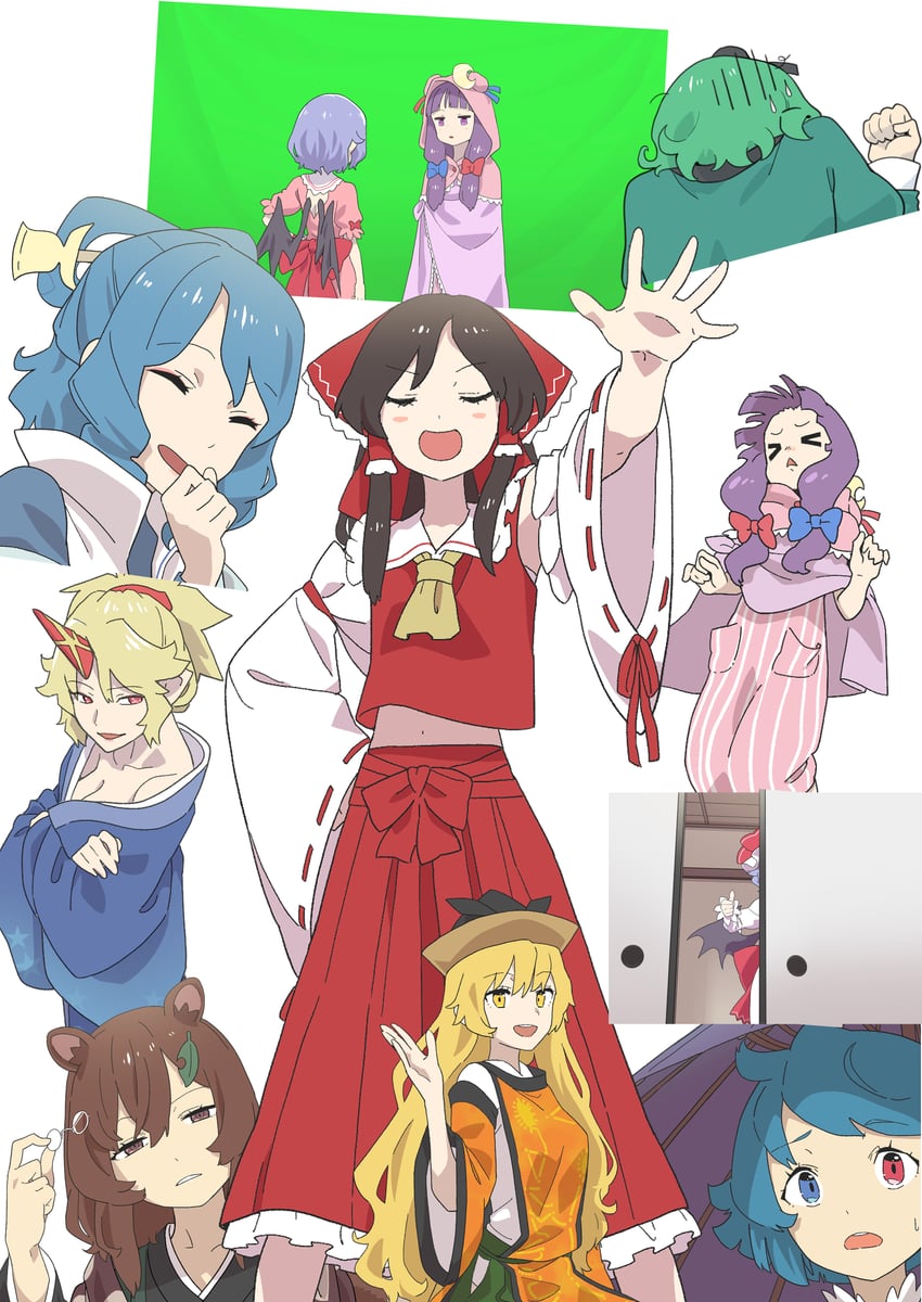 hakurei reimu, remilia scarlet, patchouli knowledge, tatara kogasa, hoshiguma yuugi, and 4 more (touhou) drawn by kawayabug
