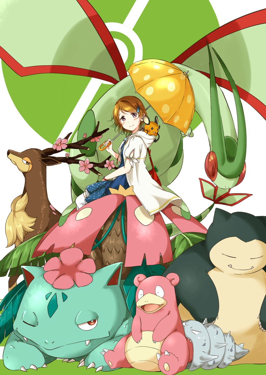 koizumi hanayo, snorlax, flygon, venusaur, dedenne, and 3 more (pokemon and 2 more) drawn by ksk_(semicha_keisuke)