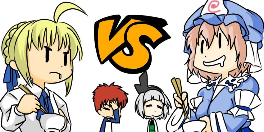 artoria pendragon, konpaku youmu, saigyouji yuyuko, saber, and emiya shirou (touhou and 2 more) drawn by wabi_(wbsk)