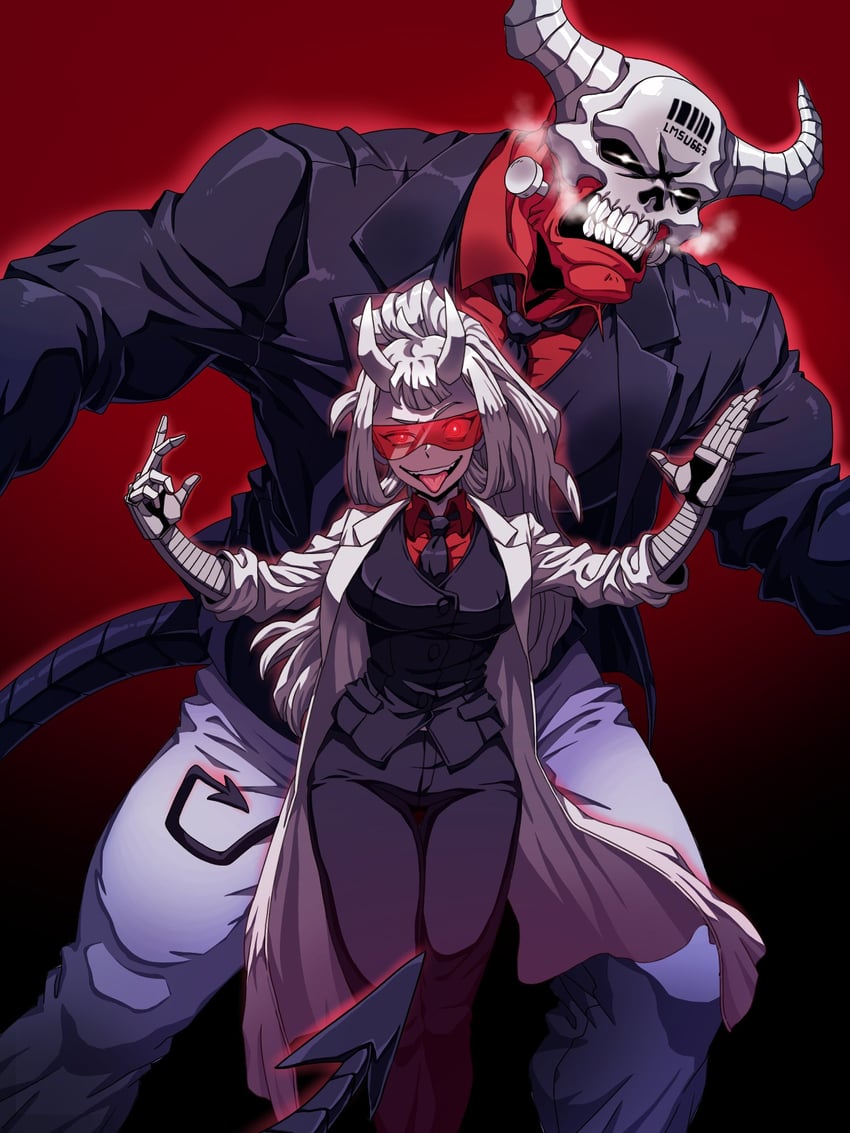 loremaster and subject 67 (helltaker) drawn by black_giraffe