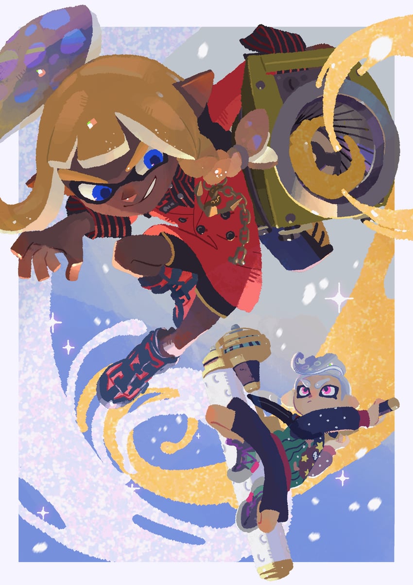 inkling player character, inkling girl, octoling player character, and octoling boy (splatoon and 1 more) drawn by inoue_seita