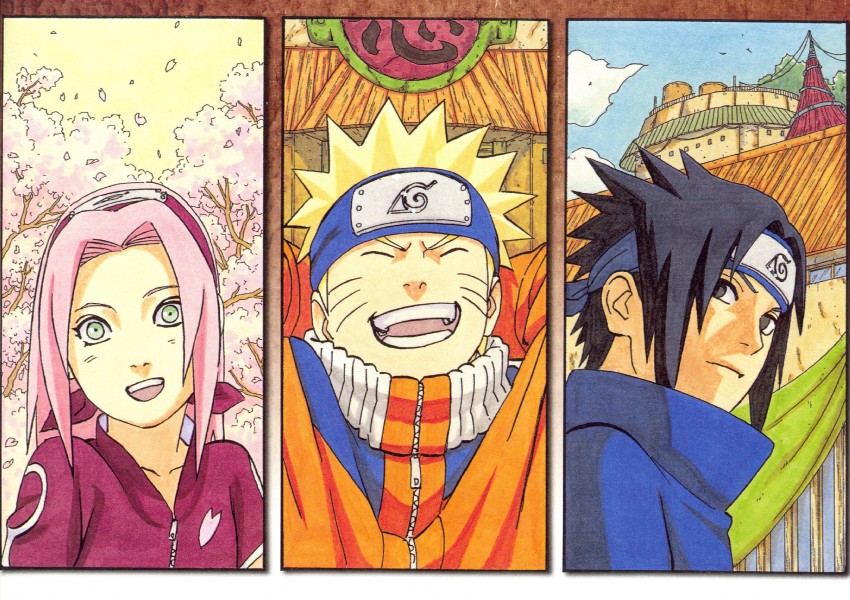 haruno sakura, uzumaki naruto, and uchiha sasuke (naruto) drawn by kishimoto_masashi