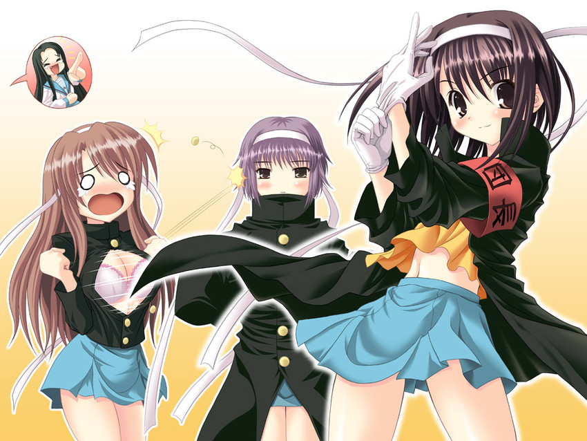 suzumiya haruhi, nagato yuki, asahina mikuru, and tsuruya (suzumiya haruhi no yuuutsu) drawn by noritama_(gozen)
