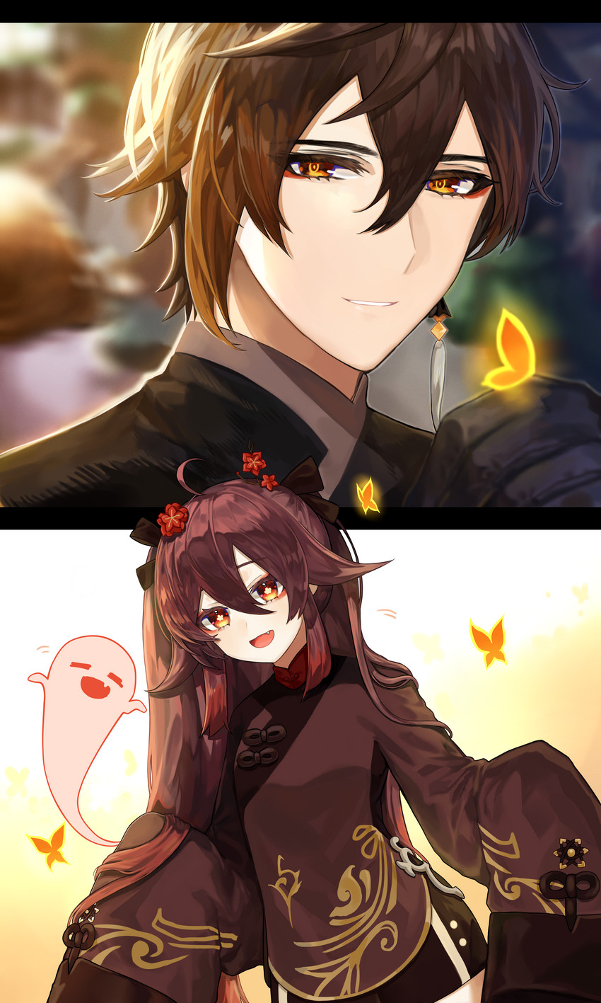 hu tao, zhongli, and boo tao (genshin impact) drawn by sp0i0ppp