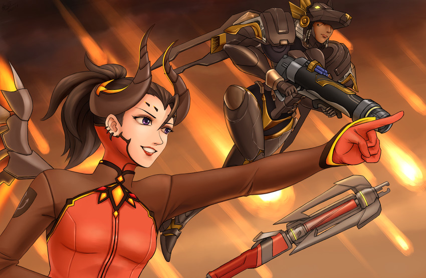 mercy, pharah, devil mercy, and anubis pharah (overwatch and 1 more) drawn by tuskine_kinase