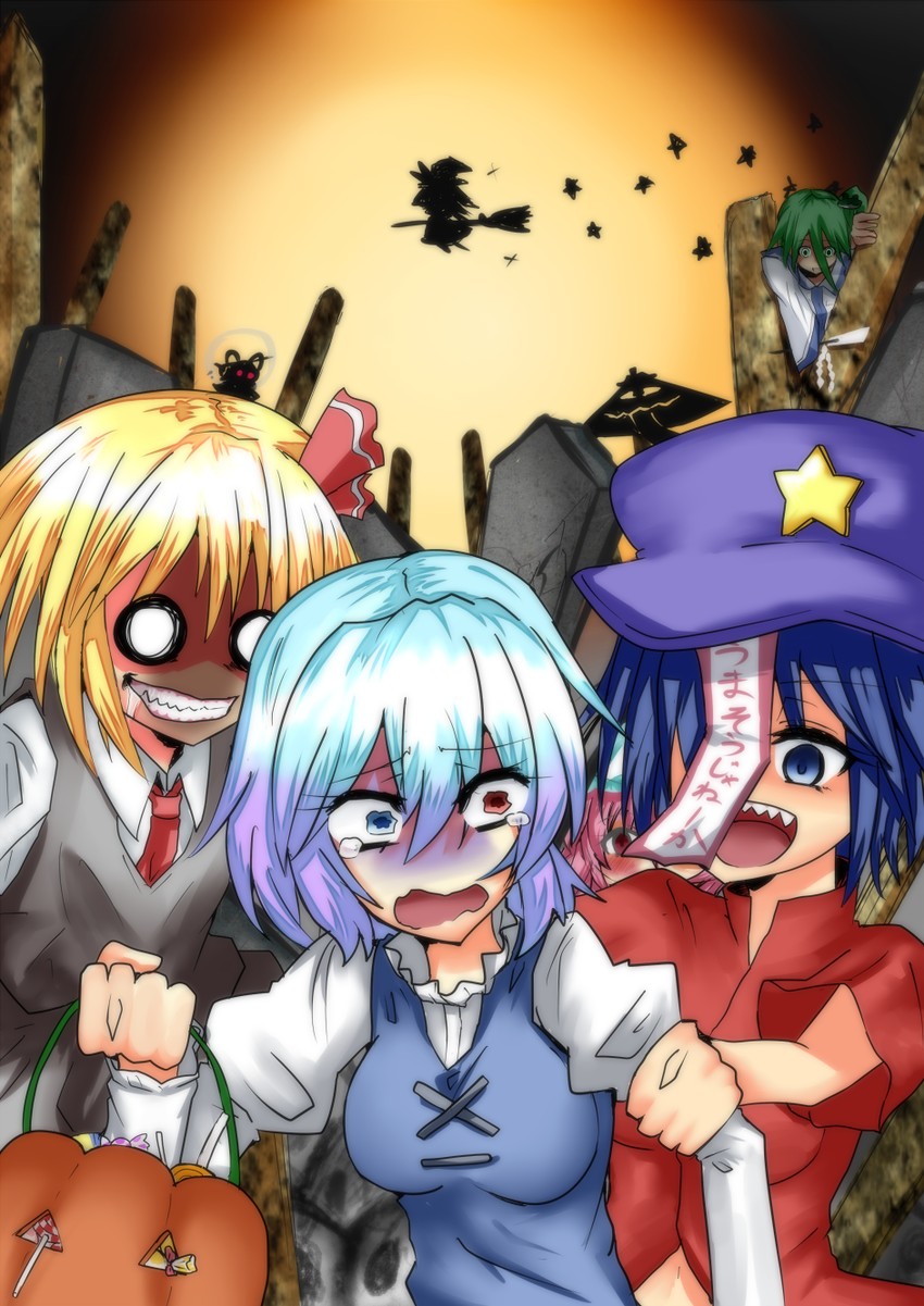 kirisame marisa, kochiya sanae, saigyouji yuyuko, rumia, tatara kogasa, and 2 more (touhou) drawn by takorice