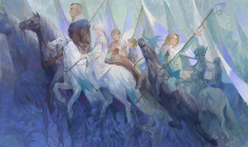 guts, griffith, casca, judeau, pippin, and 1 more (berserk) drawn by naux