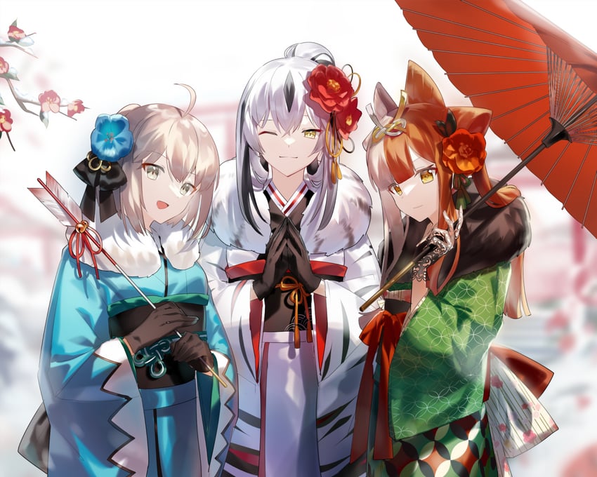 okita souji, nagao kagetora, and izumo no okuni (fate and 2 more) drawn by grape_(grapedraws)