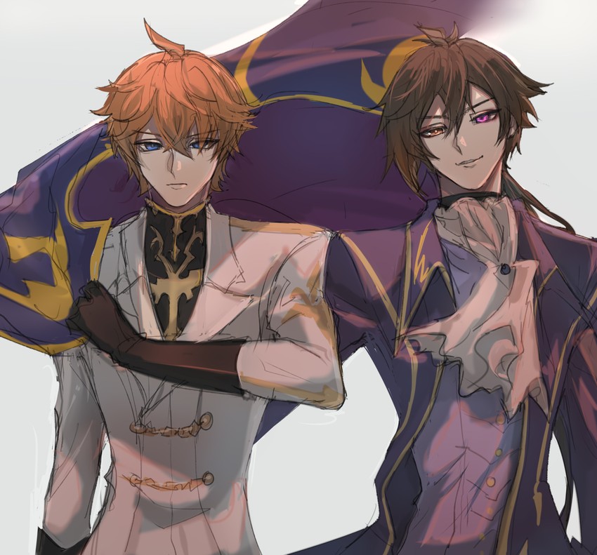 zhongli, tartaglia, lelouch vi britannia, and kururugi suzaku (genshin impact and 1 more) drawn by haze_(ha_ze)