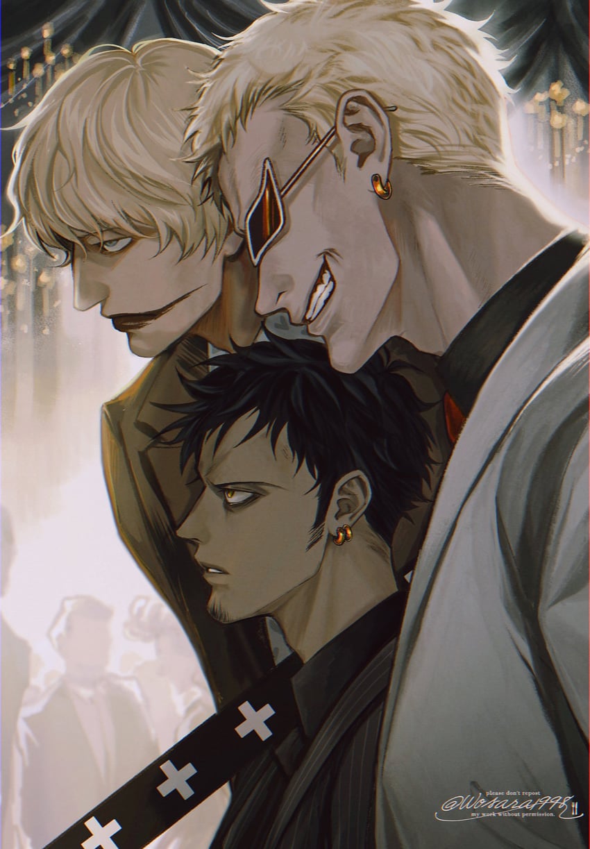 trafalgar law, donquixote doflamingo, and donquixote rocinante (one piece) drawn by wosara