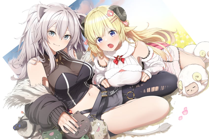 shishiro botan, tsunomaki watame, ssrb, and watamate (hololive) drawn by shinomu_(cinomoon)