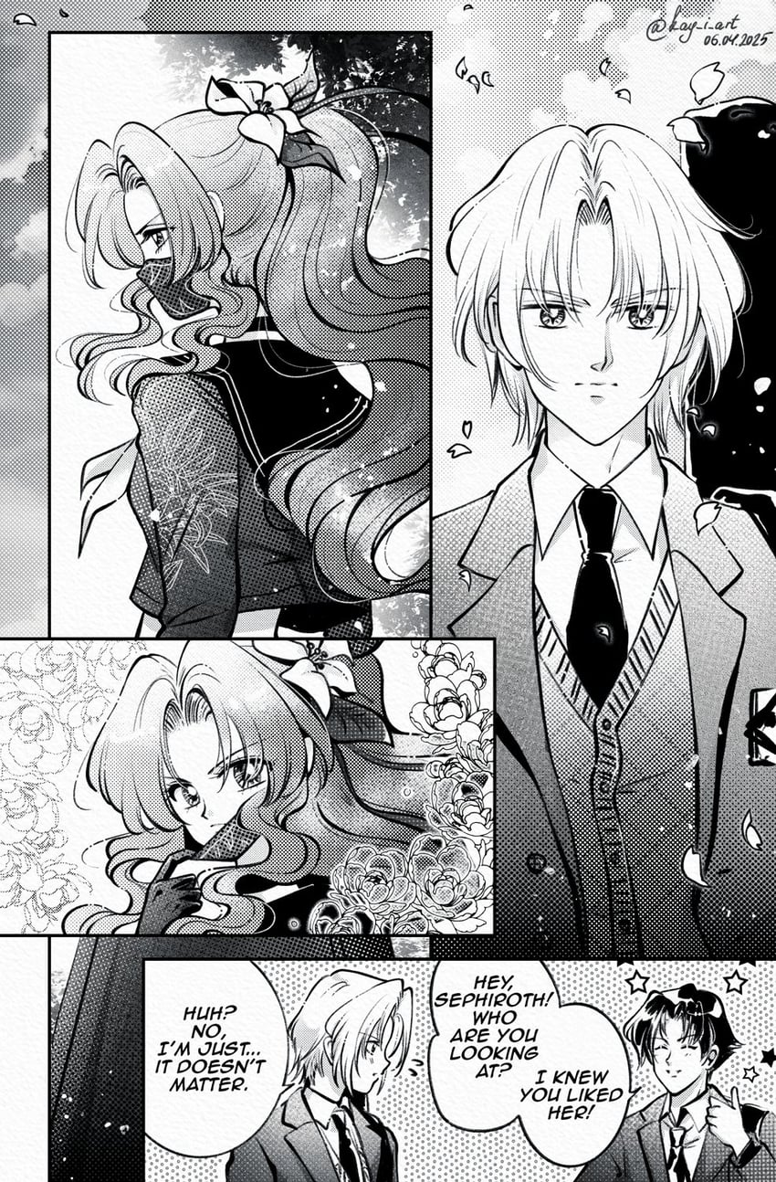aerith gainsborough, sephiroth, and angeal hewley (final fantasy and 2 more) drawn by kay-i