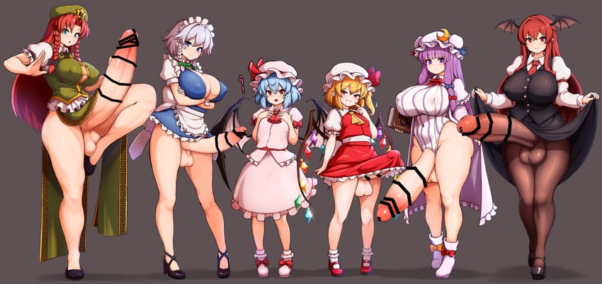 remilia scarlet, flandre scarlet, izayoi sakuya, patchouli knowledge, hong meiling, and 1 more (touhou) drawn by peso_(cheese_company)