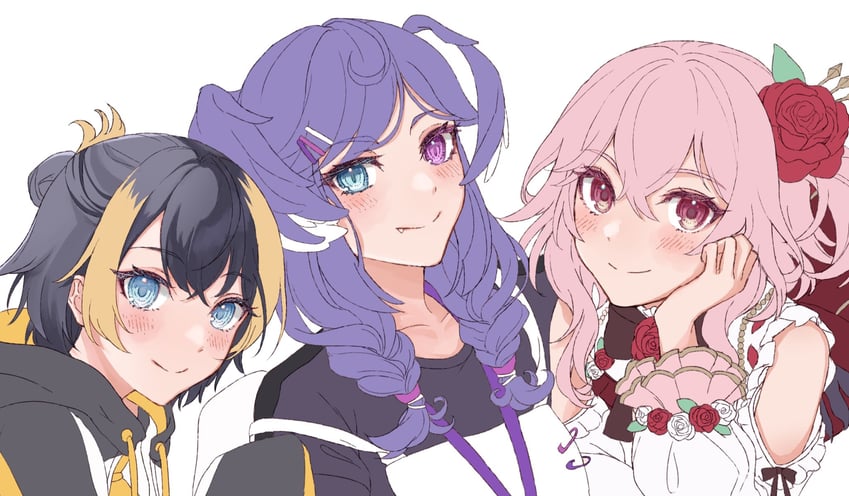 selen tatsuki, petra gurin, and rosemi lovelock (nijisanji and 1 more) drawn by sindo_pink
