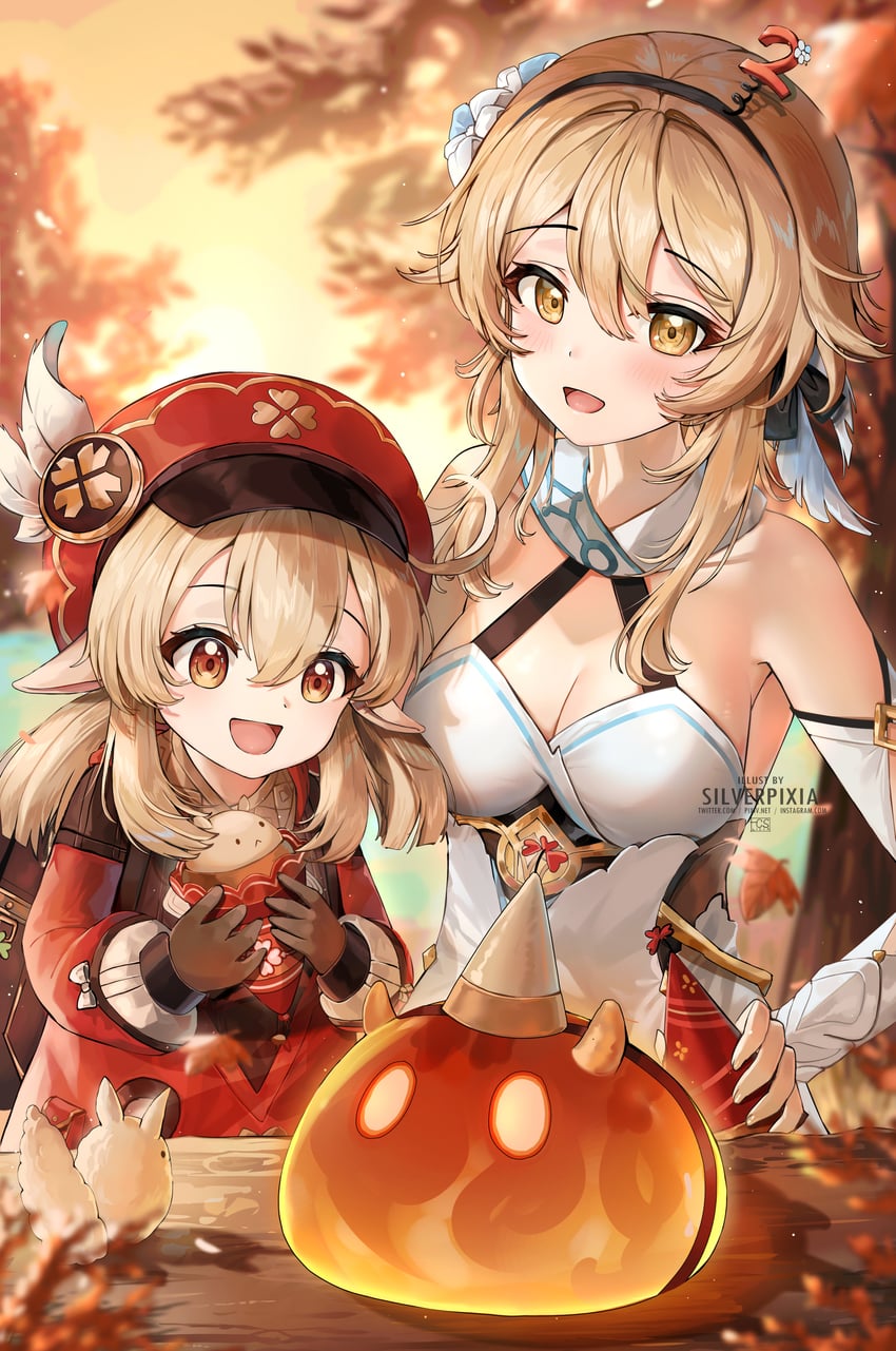 lumine and klee (genshin impact) drawn by silverpixia
