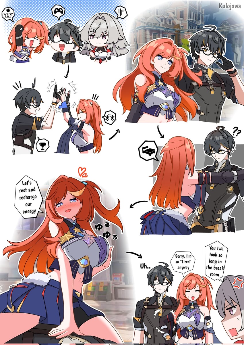 senadina, erdos helia, and male dreamseeker (honkai and 1 more) drawn by kulojawa