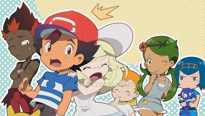 pikachu, lillie, ash ketchum, lana, mallow, and 3 more (pokemon and 1 more) drawn by pink-hudy