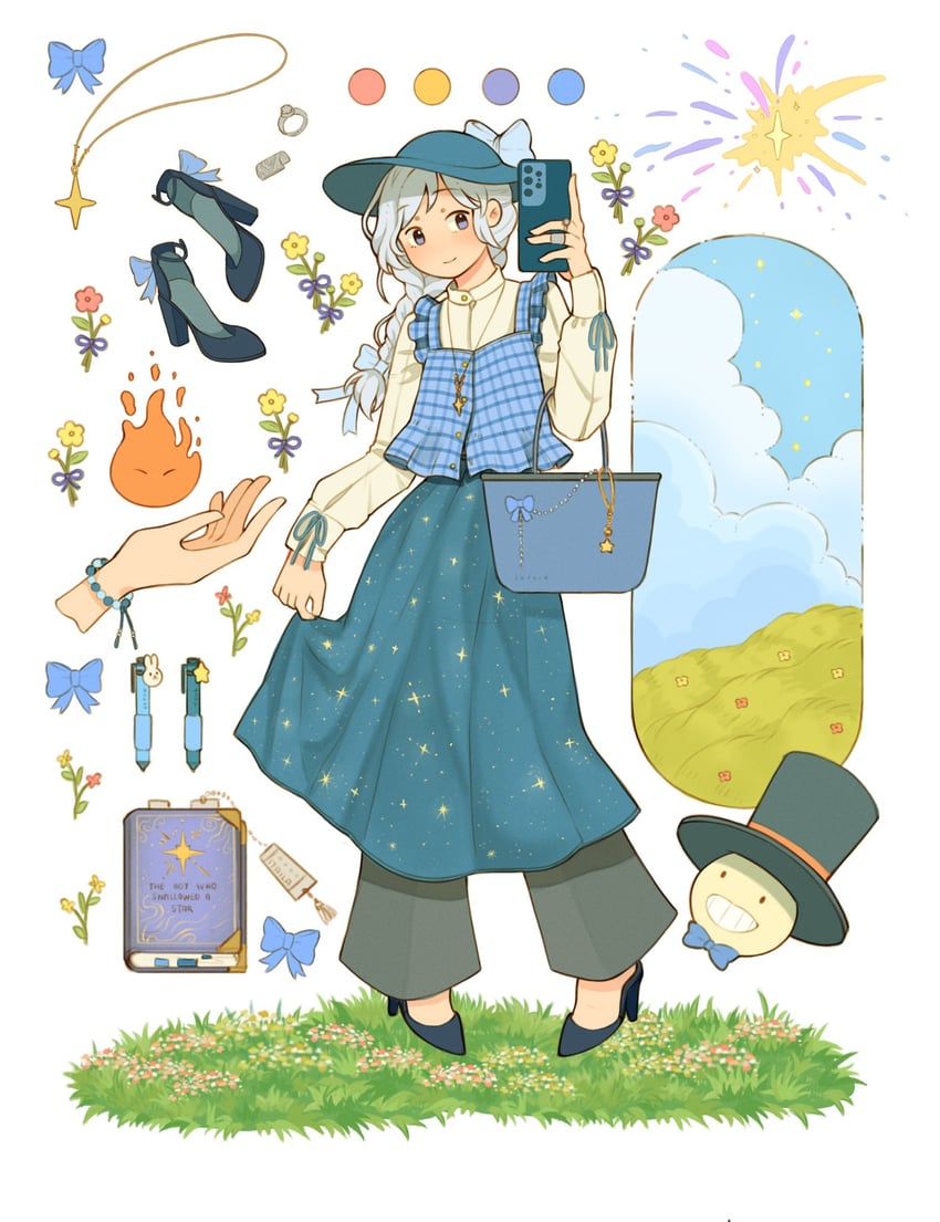 sophie hatter, calcifer, and kakashi no kabu (howl no ugoku shiro) drawn by 17aila
