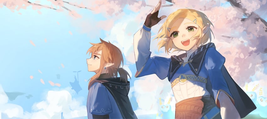 link, princess zelda, and korok (the legend of zelda and 1 more) drawn by yumiyumo3o