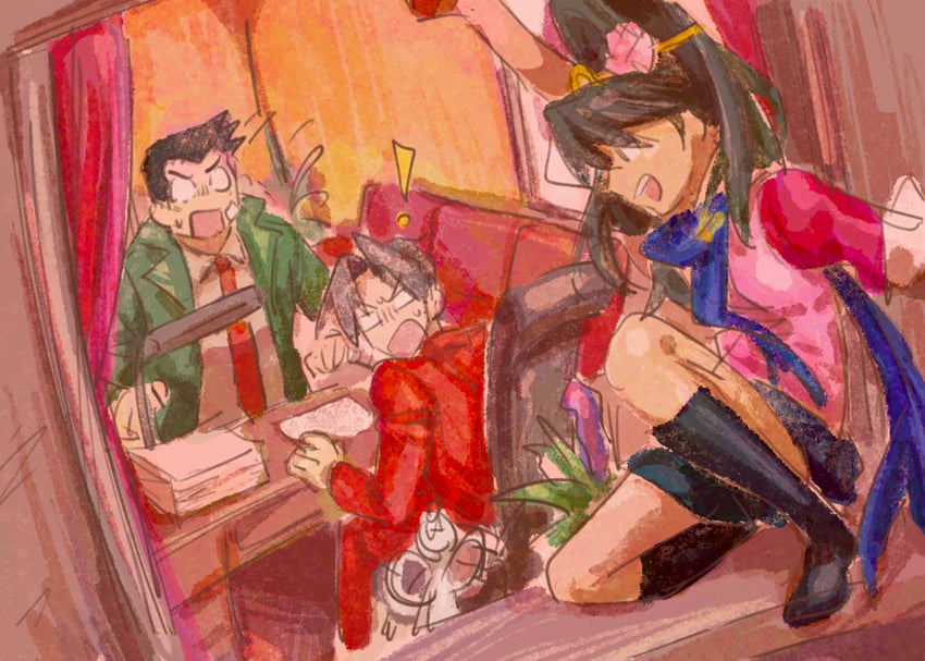 miles edgeworth, dick gumshoe, kay faraday, and steel samurai (ace attorney and 1 more) drawn by youki_lee