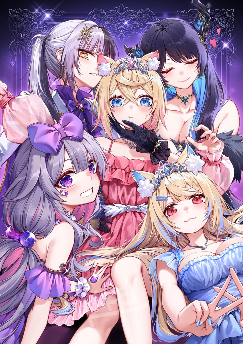 shiori novella, nerissa ravencroft, fuwawa abyssgard, mococo abyssgard, and koseki bijou (hololive and 1 more) drawn by curry_bowl