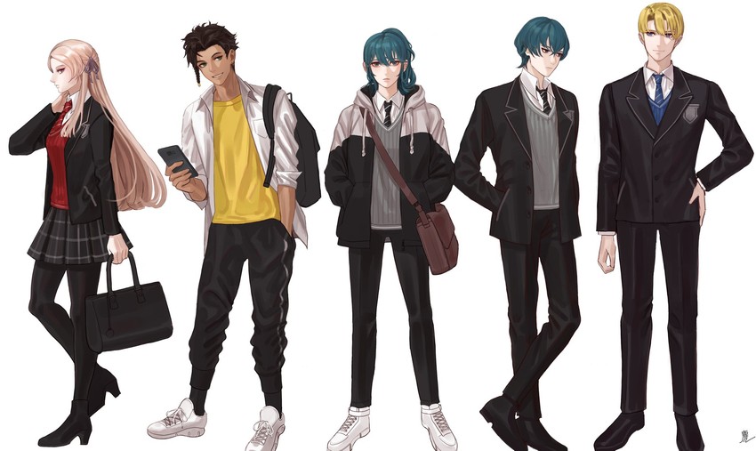 female byleth, edelgard von hresvelg, dimitri alexandre blaiddyd, male byleth, and claude von riegan (fire emblem and 1 more) drawn by muntjac_art