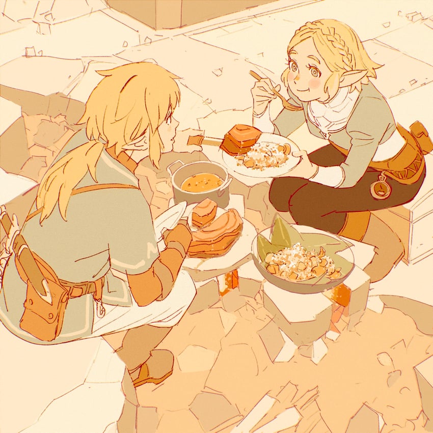 link and princess zelda (the legend of zelda and 1 more) drawn by 55bata6rou