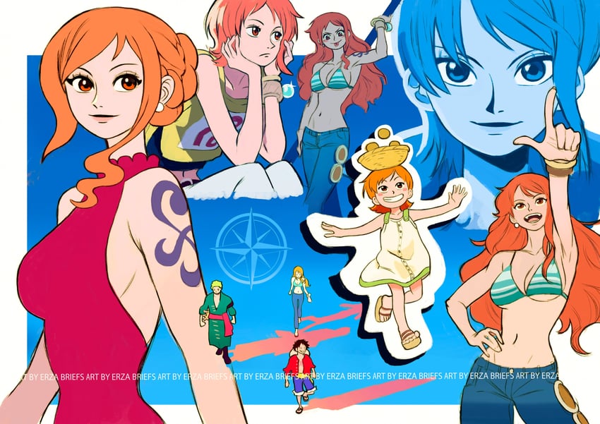 nami, monkey d. luffy, and roronoa zoro (one piece) drawn by erza_briefs