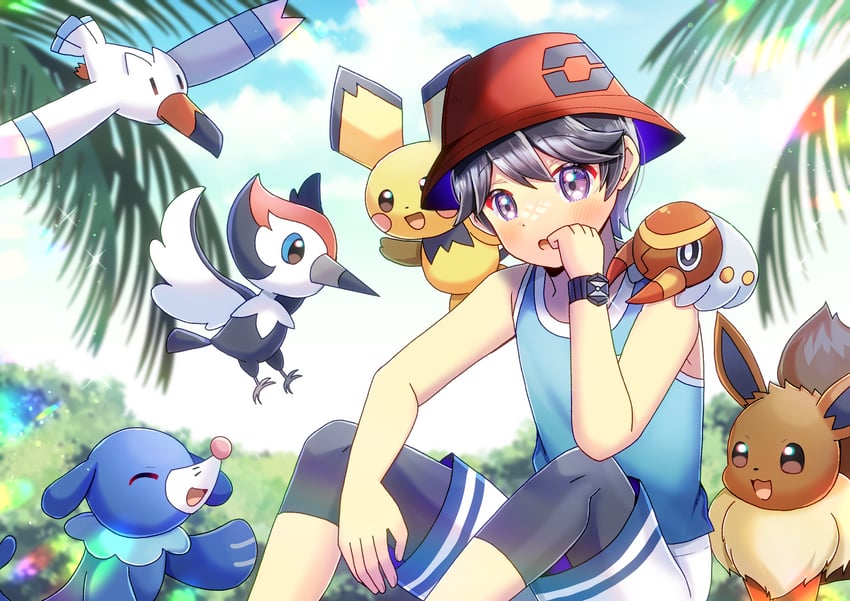 eevee, elio, pichu, popplio, wingull, and 2 more (pokemon and 1 more) drawn by kou_hiyoyo