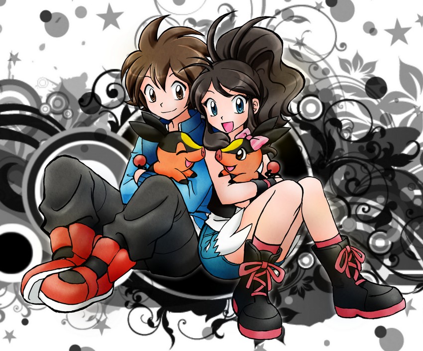hilda, hilbert, and tepig (pokemon and 1 more) drawn by chikorita85