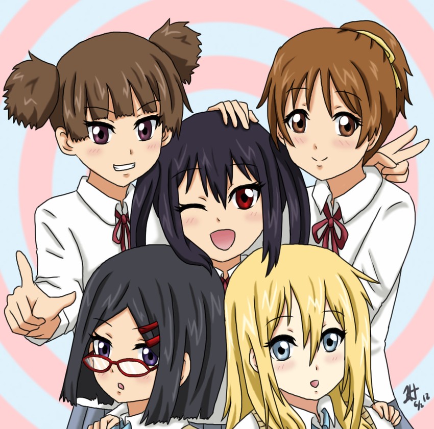 nakano azusa, hirasawa ui, suzuki jun, saitou sumire, and okuda nao (k-on! and 1 more) drawn by athyra
