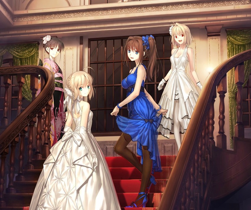 artoria pendragon, saber, arcueid brunestud, ryougi shiki, and aozaki aoko (fate and 5 more) drawn by koyama_hirokazu and takeuchi_takashi