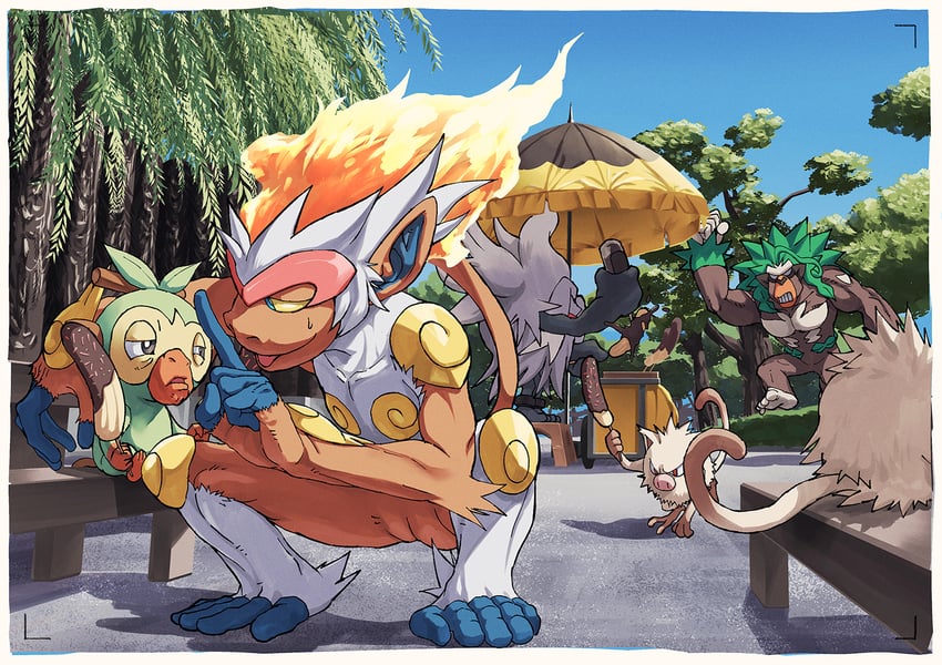grookey, infernape, rillaboom, mankey, and annihilape (pokemon) drawn by how_long