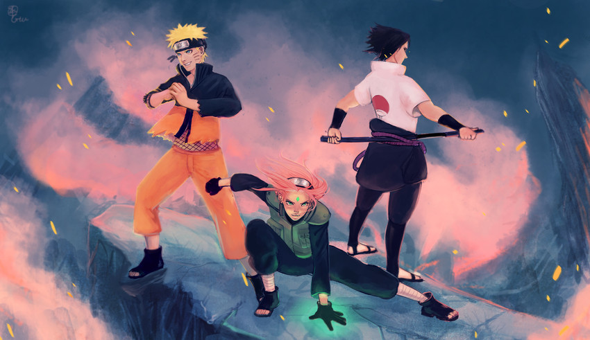 haruno sakura, uzumaki naruto, and uchiha sasuke (naruto and 1 more) drawn by citrusgun